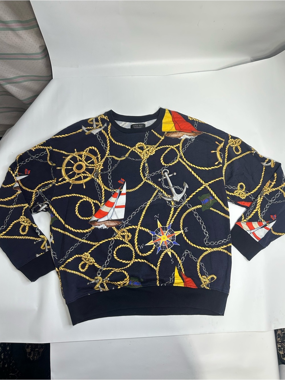 Zara Man Navy Nautical Rope & Sailboat Crewneck Pullover Long Sleeves